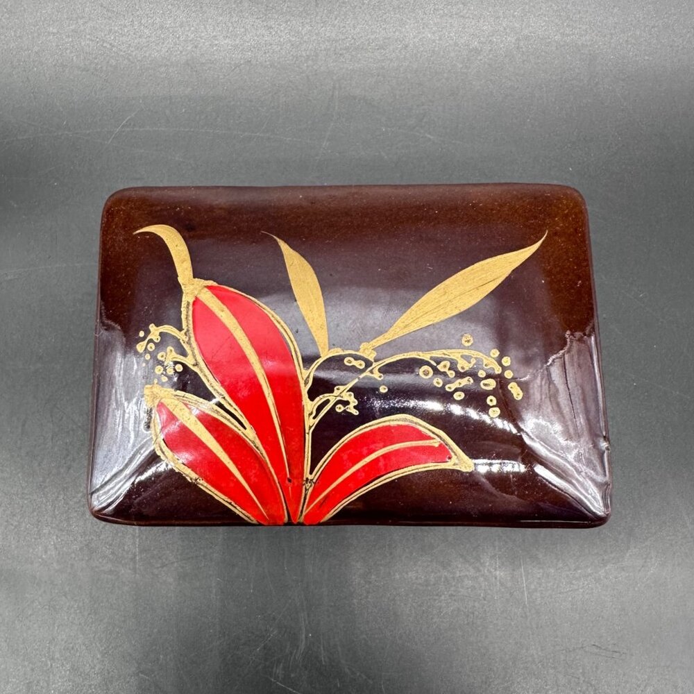 Vintage Trinket Box Floral Red Gold Brown Flowers Vanity Jewelry Holder Japan - Picture 2 of 10